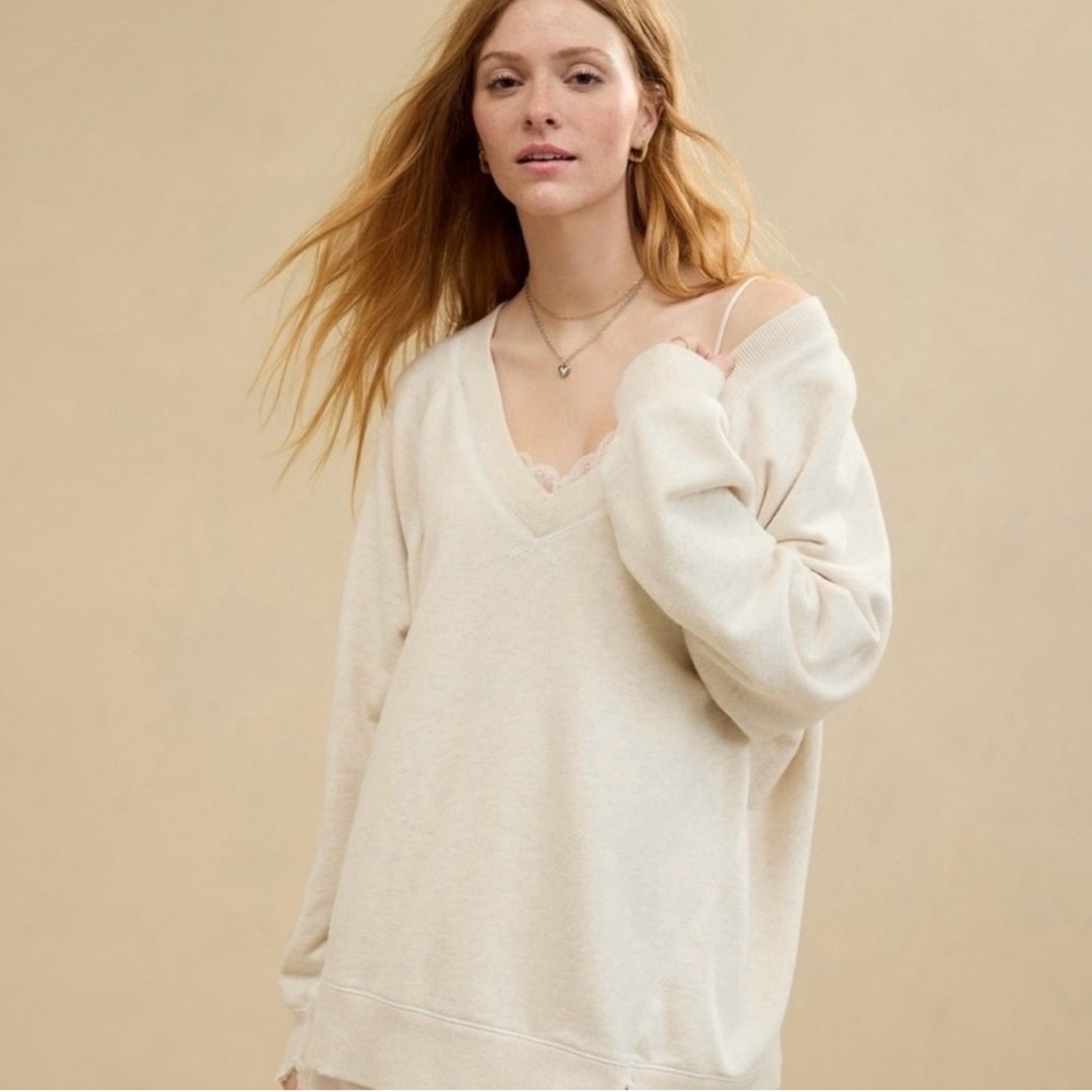 aerie Off-the-Shoulder Cream V-Neck Sweater